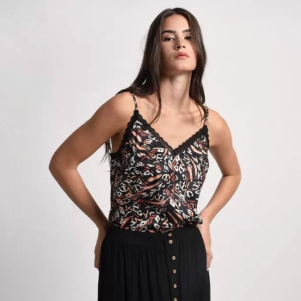 New Molly Bracken V Neck Camisole‎ Top in Black Fauve Printed